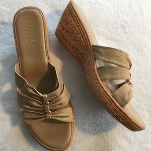 Gold shimmer slip on wedge shoe from Italy